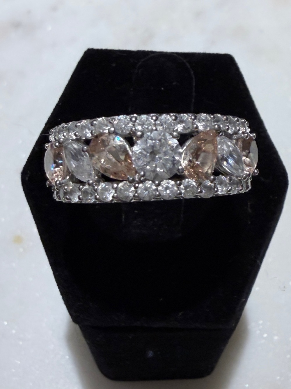 925 Sterling Silver Wide Band Ring with Pink & Clear CZ Stones - Size 7